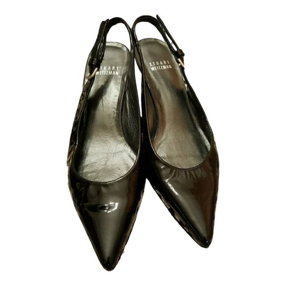 STUART WEITZMAN‎ - Black Patent Pointy Toe Kitten Heel Slingback Shoe - Size 6 - Picture 2 of 6